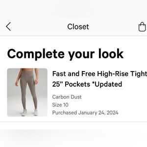 Lululemon Fast and Free High-Rise Tight 25” size 10